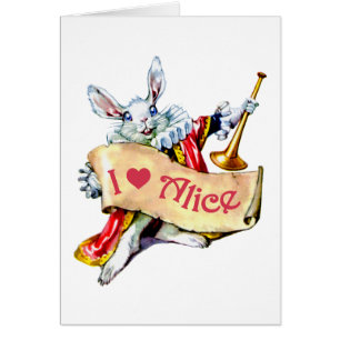 Cartão O coelho branco de Alice diz, "eu amo Alice "