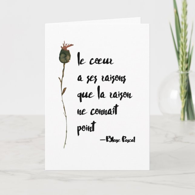 Cartão O Coração Tem Suas Razões Citação Francesa de Amor (Frente)