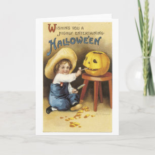 Cartão O Dia das Bruxas antiquado, menino faz a lanterna