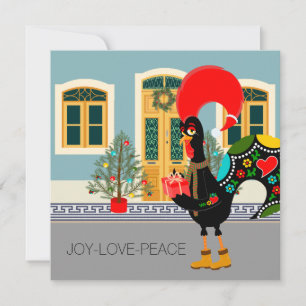 Cartão O Galo Português com um presente de Natal