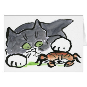 Cartão O gatinho encontrou um caranguejo na praia