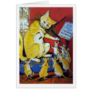 Cartão O gato amarelo joga o violino para ratos felizes
