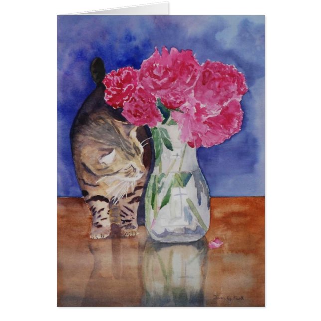 Cartão O gato apenas tem que cheirar os peonies. bonitos (Frente)