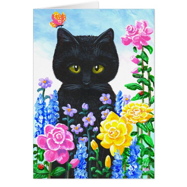 Cartão O gato preto floresce o verão Creationarts dos (Frente)