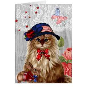 Cartão O gato vestiu-se no chapéu patriótico branco e