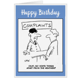 Cartão O homem se queixa do tempo na mesa de reclamações