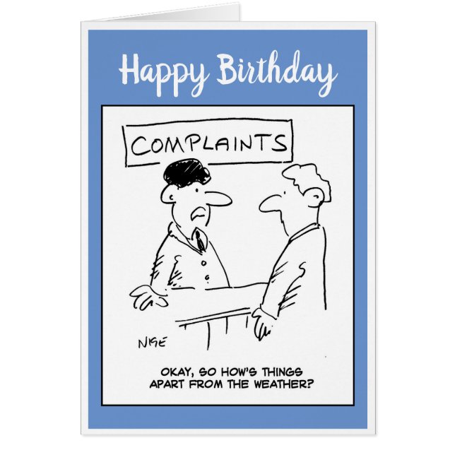 Cartão O homem se queixa do tempo na mesa de reclamações (Frente)