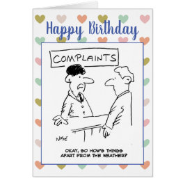 Cartão O homem se queixa do tempo na mesa de reclamações