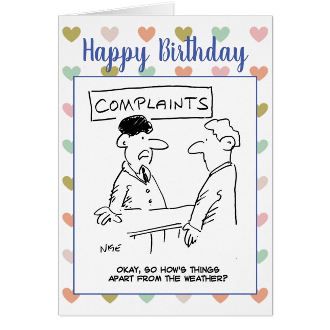 Cartão O homem se queixa do tempo na mesa de reclamações (Frente)