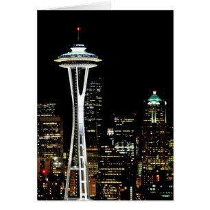 Cartão O horizonte de Seattle à noite, com Agulha Espacia
