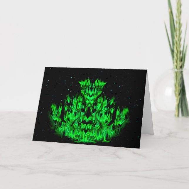 Cartão O monstro verde da chama no céu estrelado (Frente)