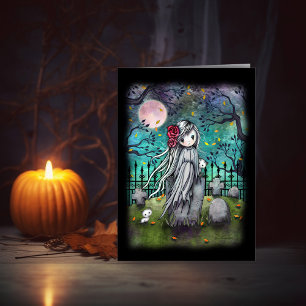 Cartão O Pequeno Fantasma Arte Adorável de Halloween Cart