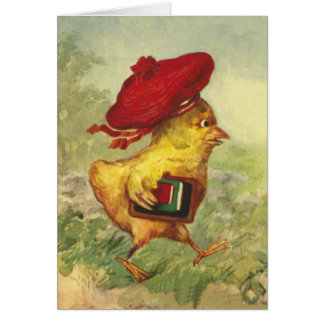 Cartão O pintinho em uma boina vermelha vai para trás à
