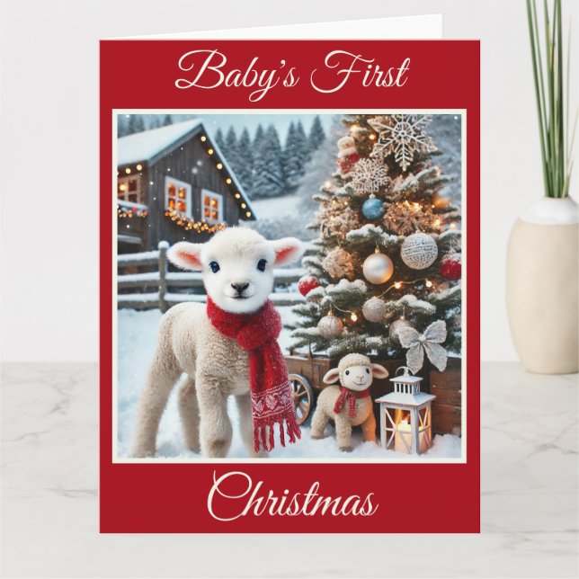 Cartão O Primeiro Natal do Baby Lamb na Fazenda (Frente)