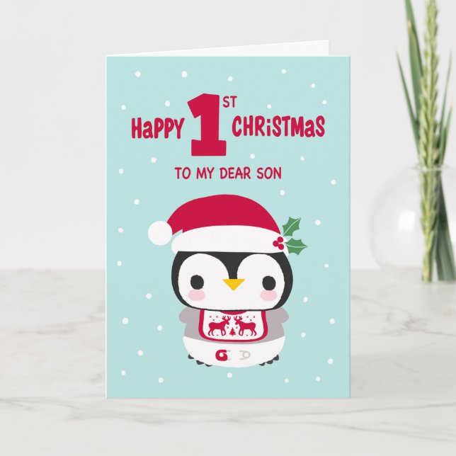 Cartão O primeiro Natal do meu filho com o bebê pinguim (Frente)