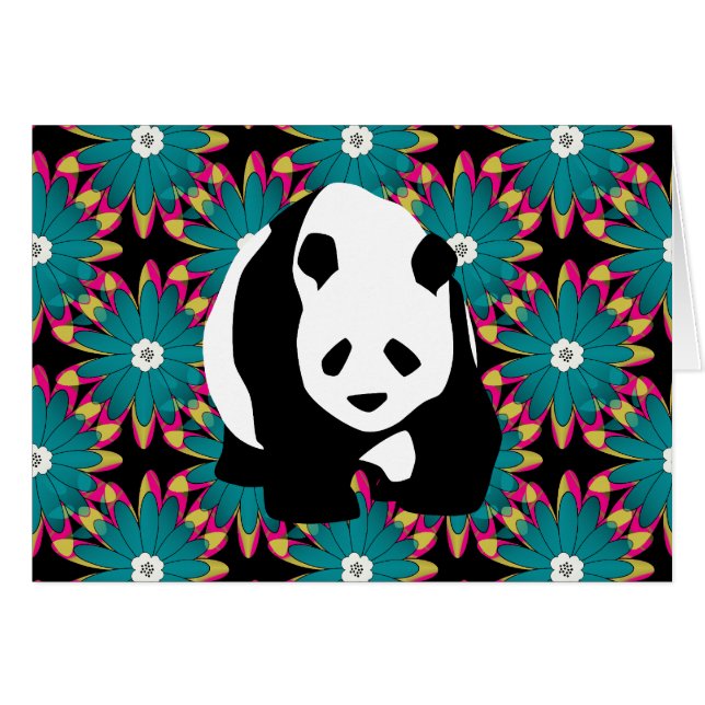 Cartão O rosa azul bonito do urso de panda floresce o (Frente horizontal)