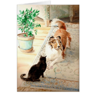 Cartão "O tapete azul" - Sheltie & gato