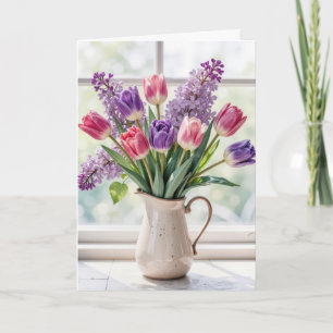 Cartão Obrigado Buquê de Lilases e Tulipas da Primavera