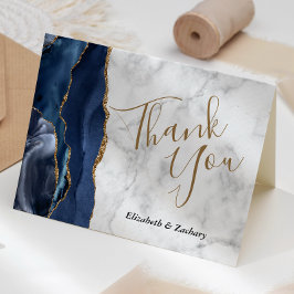 Cartão Obrigado Casamento Ágata Azul Marinho Cinza Dourad