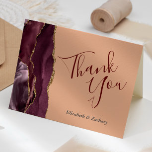 Cartão Obrigado Casamento Ágata Borgonha Dourado Pêssego