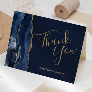 Cartão Obrigado Casamento Ágata Dourada Azul Marinho