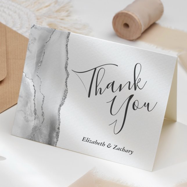 Cartão Obrigado Casamento Ágata Prata Cinza Branco (Criador carregado)