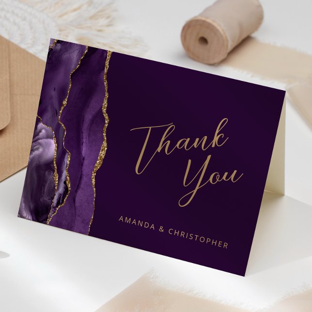 Cartão Obrigado Casamento Ameixa Script Ágata Dourada Rox (Criador carregado)