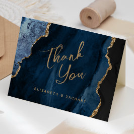 Cartão Obrigado Casamento Azul Naval Ágata Dourada Caligr