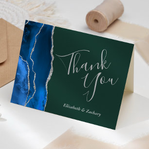 Cartão Obrigado Casamento Azul Real Ágata Verde Prata