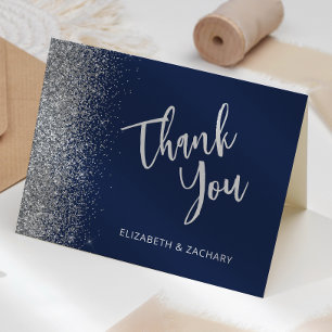 Cartão Obrigado Casamento Brilho Azul Naval Prata