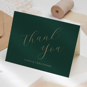 Cartão Obrigado Casamento Caligrafia Ouro Verde Esmeralda