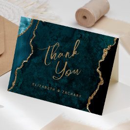 Cartão Obrigado Casamento Escrito Ágata Azul Teal Dourado