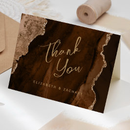 Cartão Obrigado Casamento Escrito em Ágata Dourada Marrom
