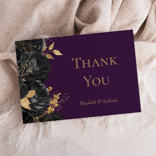 Cartão Obrigado Casamento Floral Preto Dourado Roxo