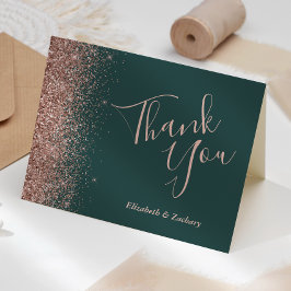 Cartão Obrigado Casamento Rosa Dourado Brilho Verde Escur