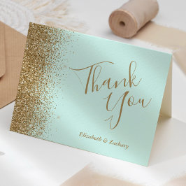 Cartão Obrigado Casamento Verde Menta Brilho Dourado