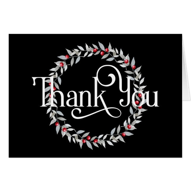 Cartão Obrigado com Cinza Wreath com Red Berries (Frente Horizontal)