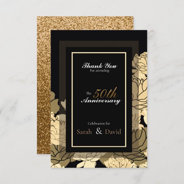 Cartão obrigado de 50 anos de ouro, amarelo e rosa (Frente/Verso)