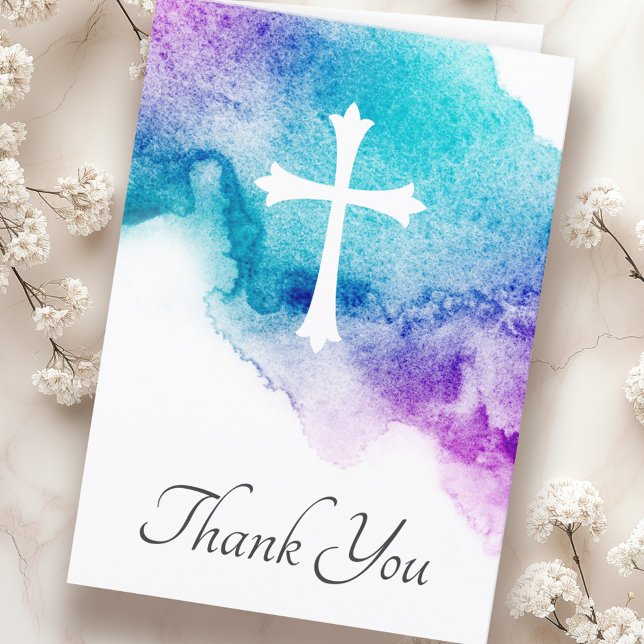 Cartão Obrigado de simpatia de cor azul-d-água (Cross & purple blue watercolor sympathy thank you card)