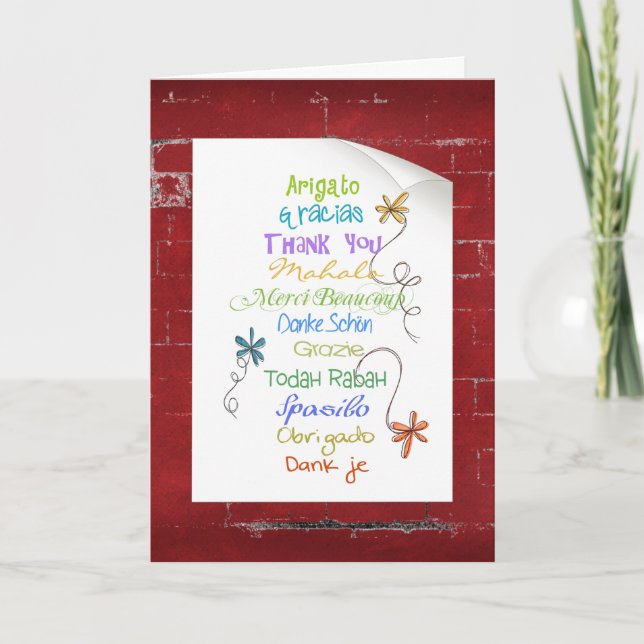 Cartão Obrigado em língua estrangeira no tijolo (Frente)