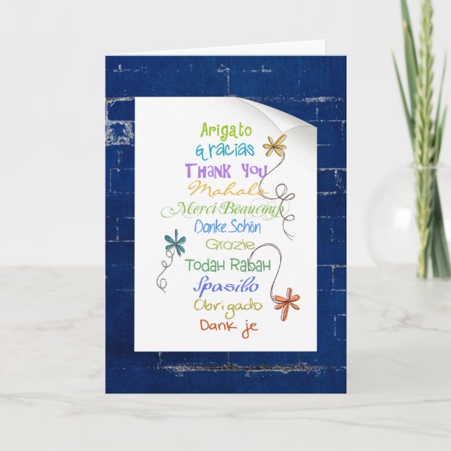 Cartão Obrigado em língua estrangeira no tijolo (Frente)