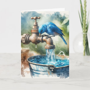 Cartão Obrigado Pássaro Azul em uma Torneira Retro