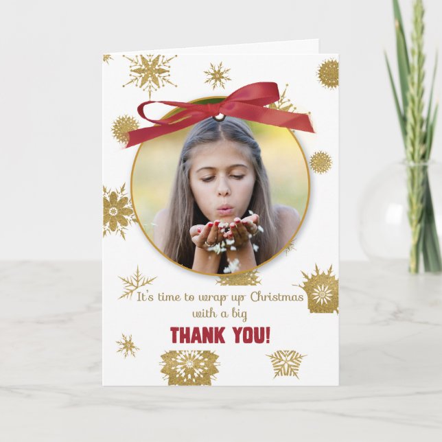 Cartão Obrigado Pelo Presente De Natal Foto Dourado Floco (Frente)