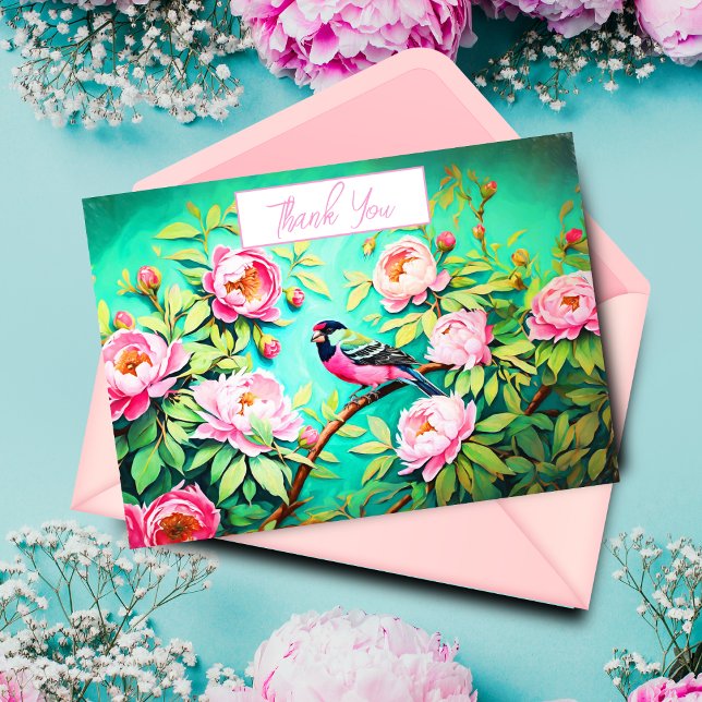 Cartão Obrigado Peony Pine Gosbeak ai trabalho de arte (Send a heartfelt thank you with this beautiful botanical thank you card created by ai artwork.)