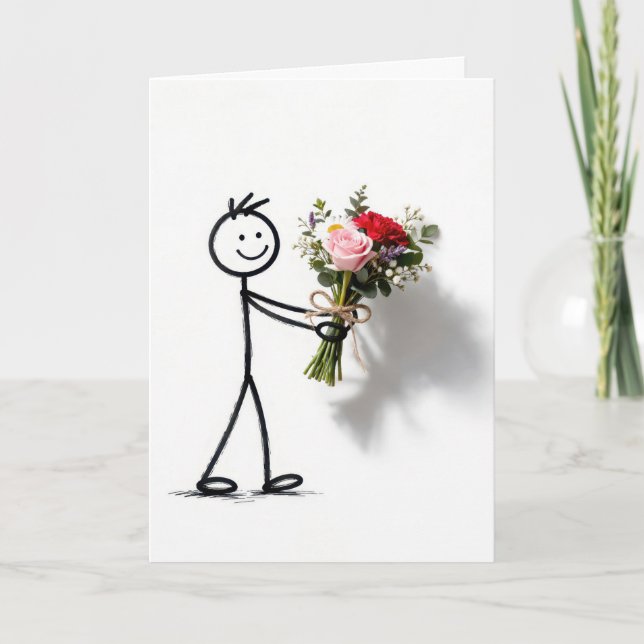 Cartão Obrigado Stickman Com Buquê de Rosas (Frente)
