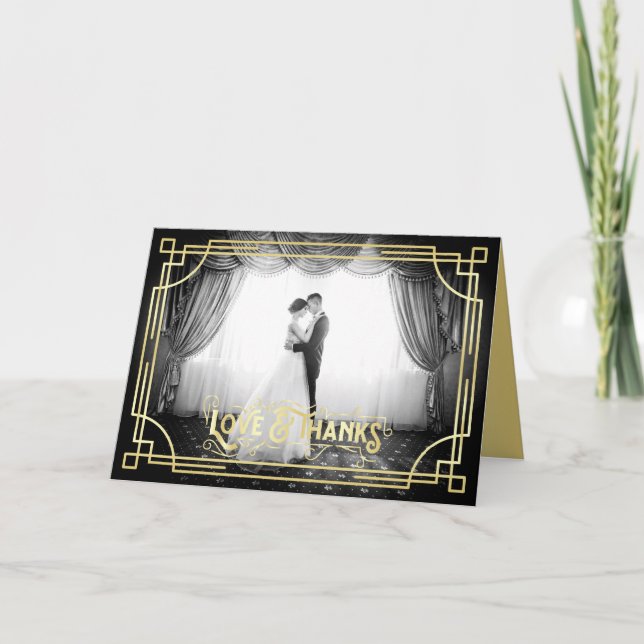Cartão Obrigados E Amor Art Deco Foto De Casamento Obriga (Frente)