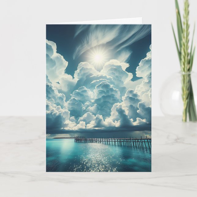 Cartão Oceano, Boca e Nuvens Fluffy Pensando em você (Frente)