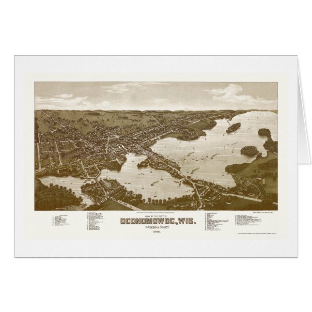 Cartão Oconomowoc, mapa panorâmico dos WI - 1885 (Frente Horizontal)