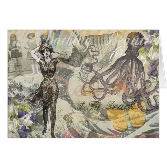 Cartão Octopus Beach Antique Coastal Steampunk (Frente Horizontal)