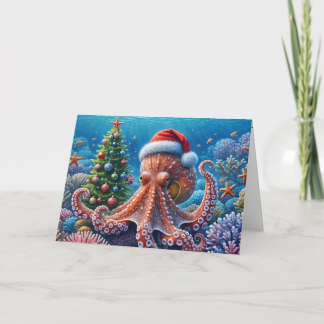 Cartão Octopus de Natal Vestindo um Chapéu Santa (Frente)
